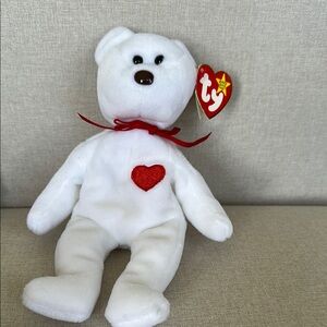Ty Original Beanie Baby Valentino the White Bear with Red Heart Plush